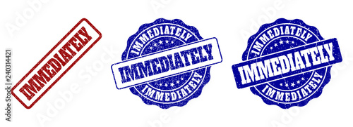 IMMEDIATELY grunge stamp seals in red and blue colors. Vector IMMEDIATELY labels with grunge style. Graphic elements are rounded rectangles, rosettes, circles and text labels.