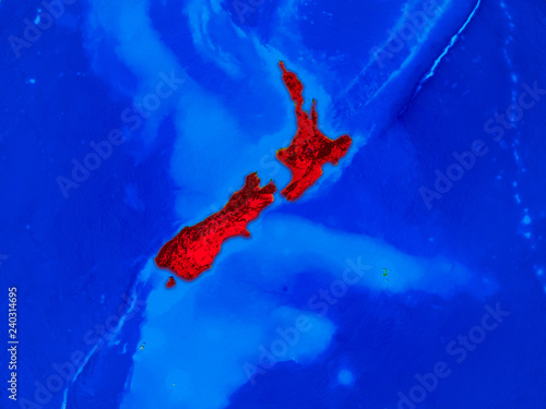 New Zealand from space on model of planet Earth with country borders and very detailed planet surface.