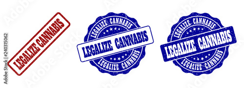 LEGALIZE CANNABIS grunge stamp seals in red and blue colors. Vector LEGALIZE CANNABIS labels with dirty effect. Graphic elements are rounded rectangles, rosettes, circles and text labels.