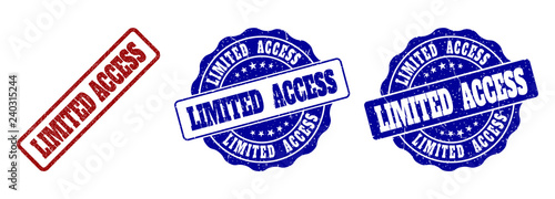 LIMITED ACCESS grunge stamp seals in red and blue colors. Vector LIMITED ACCESS marks with grunge surface. Graphic elements are rounded rectangles, rosettes, circles and text tags.
