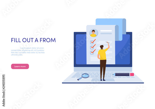 People fill out a form. Online application. Cartoon miniature illustration vector graphic on white background. Web banner. 