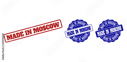 MADE IN MOSCOW grunge stamp seals in red and blue colors. Vector MADE IN MOSCOW imprints with distress texture. Graphic elements are rounded rectangles, rosettes, circles and text titles. photo