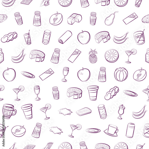 Bakery products, Drinks, Fruits and Table setting set. Background for printing, design, web. Usable as icons. Seamless. Color.