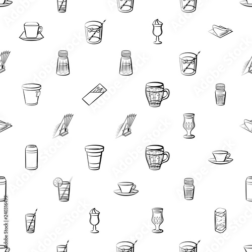 Drinks and Table setting set. Background for printing, design, web. Usable as icons. Seamless. Monochrome binary, black and white.