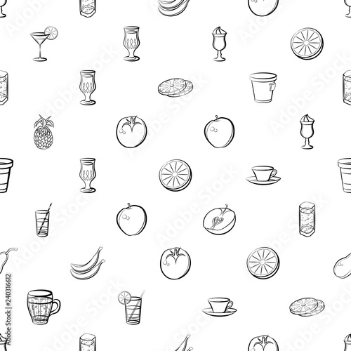 Drinks and Fruits set. Background for printing, design, web. Usable as icons. Seamless. Monochrome binary, black and white.