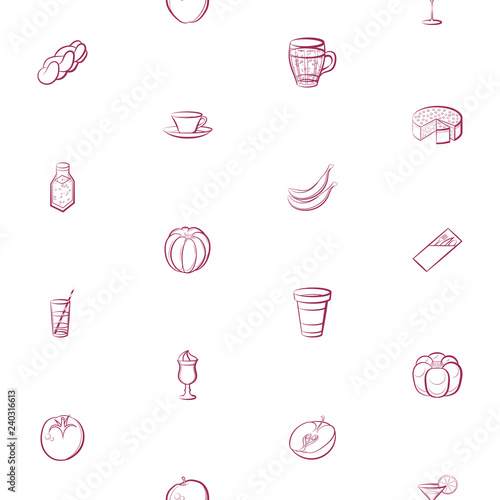 Bakery products, Drinks, Fruits and Table setting set. Background for printing, design, web. Usable as icons. Seamless. Color.