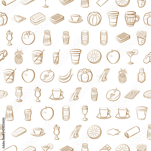 American food, Bakery products, Drinks, Fruits and Table setting set. Background for printing, design, web. Usable as icons. Seamless. Color.