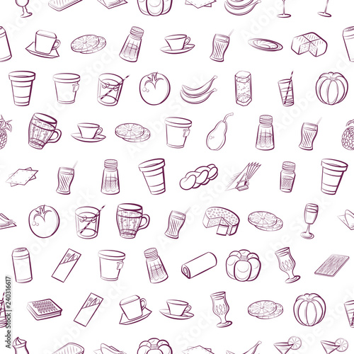 Bakery products, Drinks, Fruits and Table setting set. Background for printing, design, web. Usable as icons. Seamless. Color.