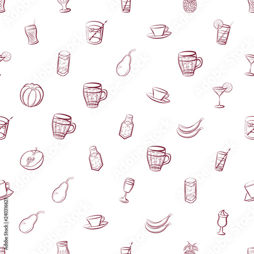 Drinks and Fruits set. Background for printing, design, web. Usable as icons. Seamless. Color.