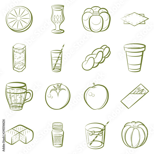 Bakery products, Drinks, Fruits and Table setting set. Background for printing, design, web. Usable as icons. Seamless. Color.