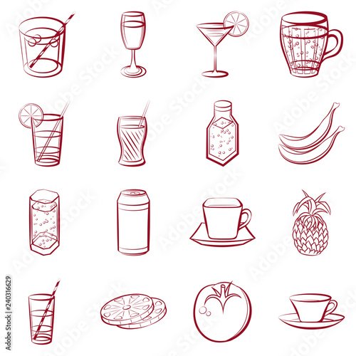 Drinks and Fruits set. Background for printing, design, web. Usable as icons. Seamless. Color.