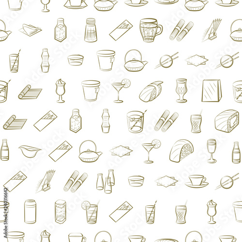Drinks, Japanese food and Table setting set. Background for printing, design, web. Usable as icons. Seamless. Color.