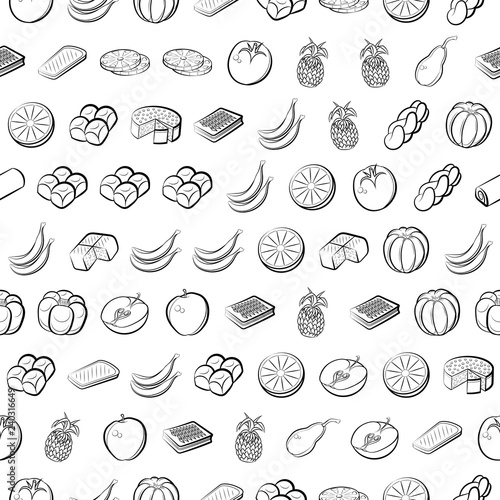 Bakery products and Fruits set. Background for printing, design, web. Usable as icons. Seamless. Monochrome binary, black and white.