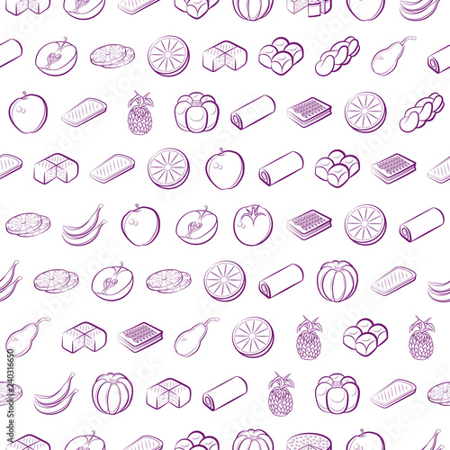 Bakery products and Fruits set. Background for printing, design, web. Usable as icons. Seamless. Color.