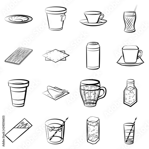 Drinks and Table setting set. Background for printing, design, web. Usable as icons. Seamless. Monochrome binary, black and white.