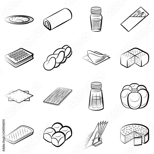 Bakery products and Table setting set. Background for printing, design, web. Usable as icons. Seamless. Monochrome binary, black and white.