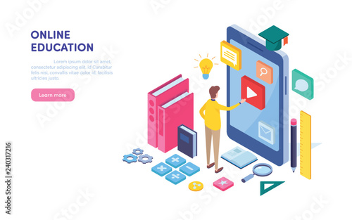 Online education. E-learning Training course Isometric cartoon vector