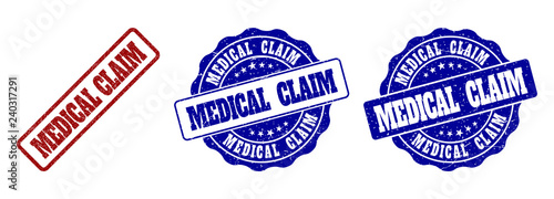 MEDICAL CLAIM scratched stamp seals in red and blue colors. Vector MEDICAL CLAIM labels with distress texture. Graphic elements are rounded rectangles, rosettes, circles and text labels.