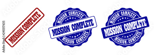 MISSION COMPLETE grunge stamp seals in red and blue colors. Vector MISSION COMPLETE overlays with distress effect. Graphic elements are rounded rectangles, rosettes, circles and text captions.