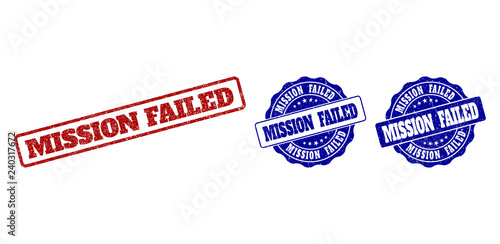 MISSION FAILED grunge stamp seals in red and blue colors. Vector MISSION FAILED signs with grunge texture. Graphic elements are rounded rectangles, rosettes, circles and text captions.