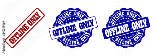 OFFLINE ONLY scratched stamp seals in red and blue colors. Vector OFFLINE ONLY watermarks with dirty style. Graphic elements are rounded rectangles, rosettes, circles and text tags.