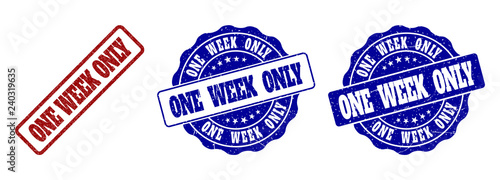 ONE WEEK ONLY grunge stamp seals in red and blue colors. Vector ONE WEEK ONLY marks with grunge effect. Graphic elements are rounded rectangles, rosettes, circles and text captions.