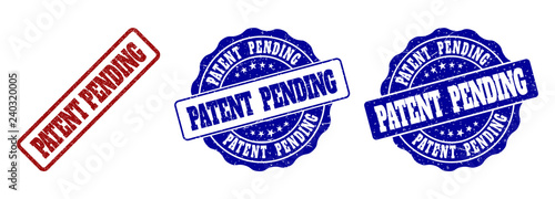 PATENT PENDING grunge stamp seals in red and blue colors. Vector PATENT PENDING imprints with grunge surface. Graphic elements are rounded rectangles, rosettes, circles and text tags.