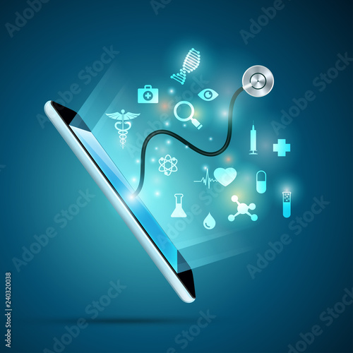 concept of electronic health or e-health, graphic of realistic smart device with stethoscope reaching out from the screen