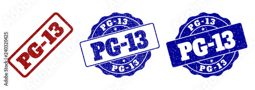 PG-13 scratched stamp seals in red and blue colors. Vector PG-13 watermarks with grainy surface. Graphic elements are rounded rectangles, rosettes, circles and text tags.