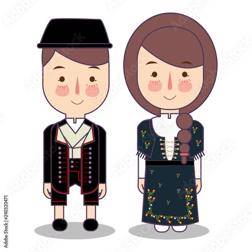 traditional national clothes of Norwegian Bunad. Set of cartoon characters in traditional costume. Cute people. flat illustrations.