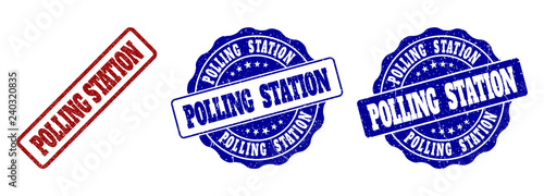 POLLING STATION grunge stamp seals in red and blue colors. Vector POLLING STATION labels with dirty texture. Graphic elements are rounded rectangles, rosettes, circles and text labels.