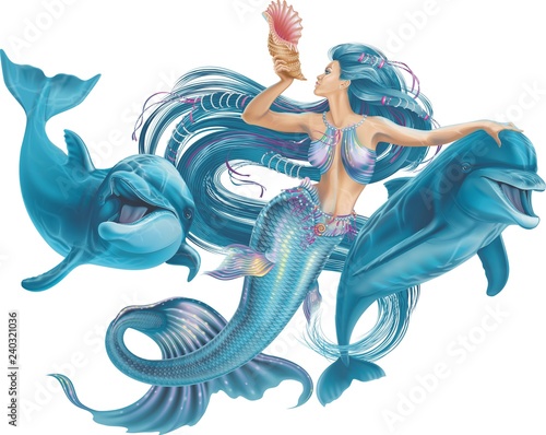 Mermaid and dolphins on a white background.