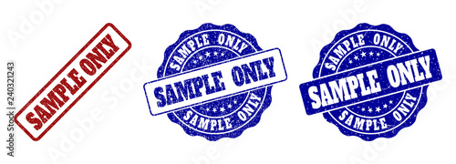 SAMPLE ONLY scratched stamp seals in red and blue colors. Vector SAMPLE ONLY watermarks with scratced style. Graphic elements are rounded rectangles, rosettes, circles and text tags.