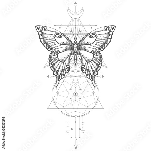 Vector illustration with hand drawn butterfly and Sacred geometric symbol on white background. Abstract mystic sign.