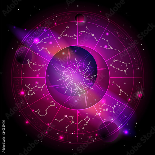 Vector illustration of Horoscope circle with Zodiac constellations against the space background.