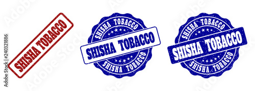 SHISHA TOBACCO scratched stamp seals in red and blue colors. Vector SHISHA TOBACCO signs with distress effect. Graphic elements are rounded rectangles, rosettes, circles and text titles.