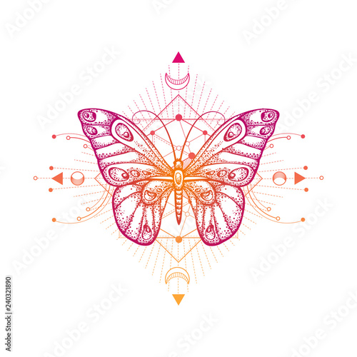 Vector illustration with hand drawn butterfly and Sacred geometric symbol on white background. Abstract mystic sign.