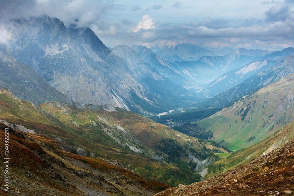 Fototapeta premium Fantastic views of the Alpine mountains on the territories of Itila and Switzerland on a tourist route around Mont Blanc