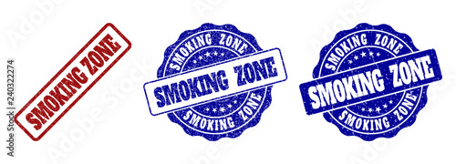 SMOKING ZONE grunge stamp seals in red and blue colors. Vector SMOKING ZONE watermarks with grunge style. Graphic elements are rounded rectangles, rosettes, circles and text labels.