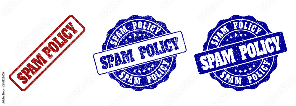 SPAM POLICY grunge stamp seals in red and blue colors. Vector SPAM POLICY signs with grunge effect. Graphic elements are rounded rectangles, rosettes, circles and text captions.