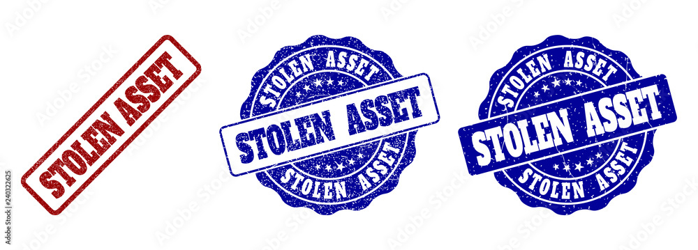 STOLEN ASSET grunge stamp seals in red and blue colors. Vector STOLEN ASSET imprints with grunge texture. Graphic elements are rounded rectangles, rosettes, circles and text labels.