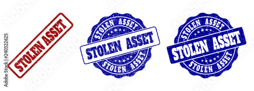 STOLEN ASSET grunge stamp seals in red and blue colors. Vector STOLEN ASSET imprints with grunge texture. Graphic elements are rounded rectangles, rosettes, circles and text labels.