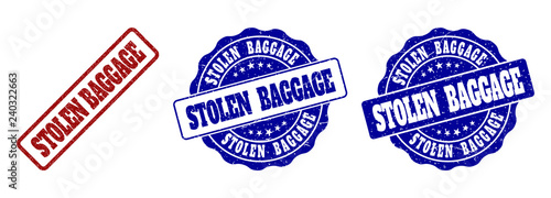 STOLEN BAGGAGE scratched stamp seals in red and blue colors. Vector STOLEN BAGGAGE labels with grainy effect. Graphic elements are rounded rectangles, rosettes, circles and text labels.