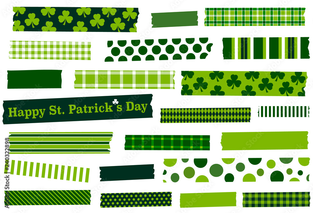 Shades of green washi tape strips. Semi-transparent masking tape or  adhesive strips. St. Patrick's Day holiday. Design element for frames,  borders, scrapbooking, craft supplies and decoration. Stock Vector
