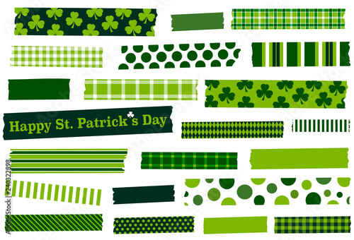 Shades of green washi tape strips. Semi-transparent masking tape or adhesive strips. St. Patrick's Day holiday. Design element for frames, borders, scrapbooking, craft supplies and decoration. 