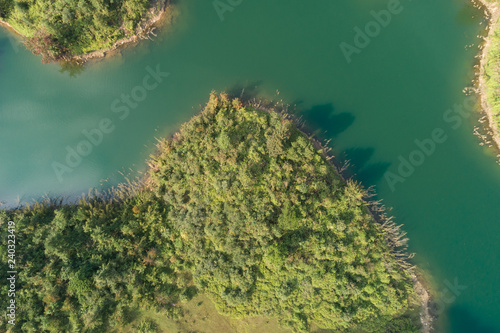 Aerial view of Karst mountains and lake