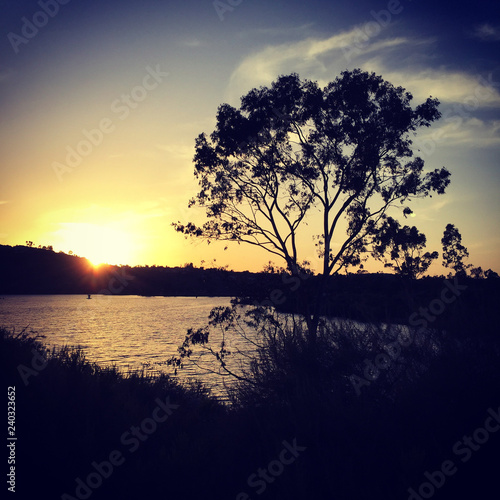 Sunset over a serene and peaceful lake in San Diego