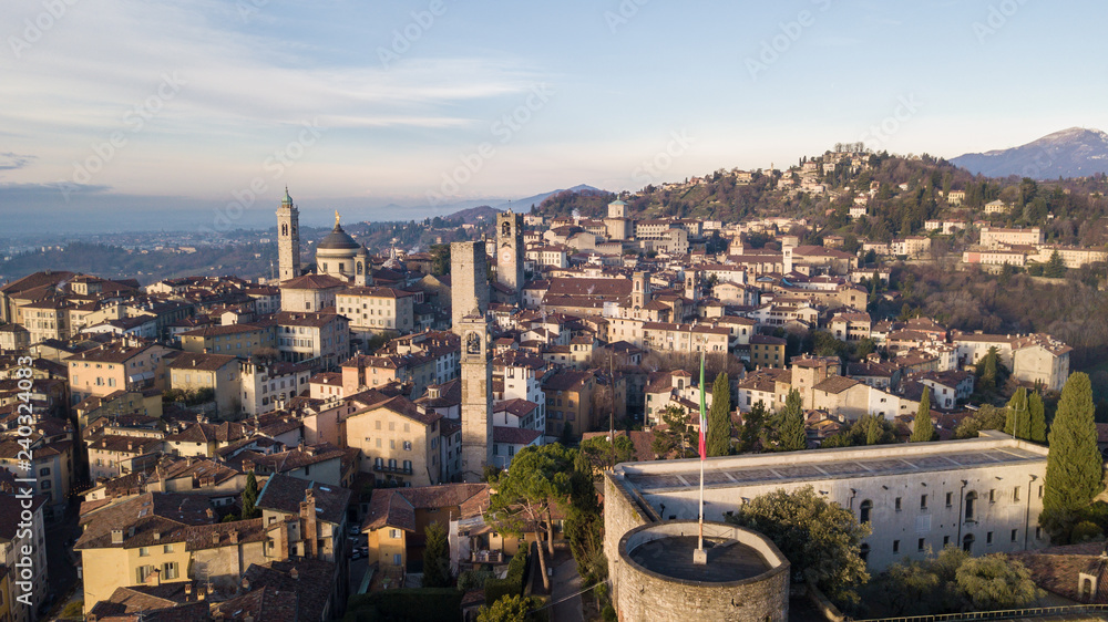 Bergamo, Italy. Drone aerial view of the old town. Landscape at the city center and its historical buildings during winter time
