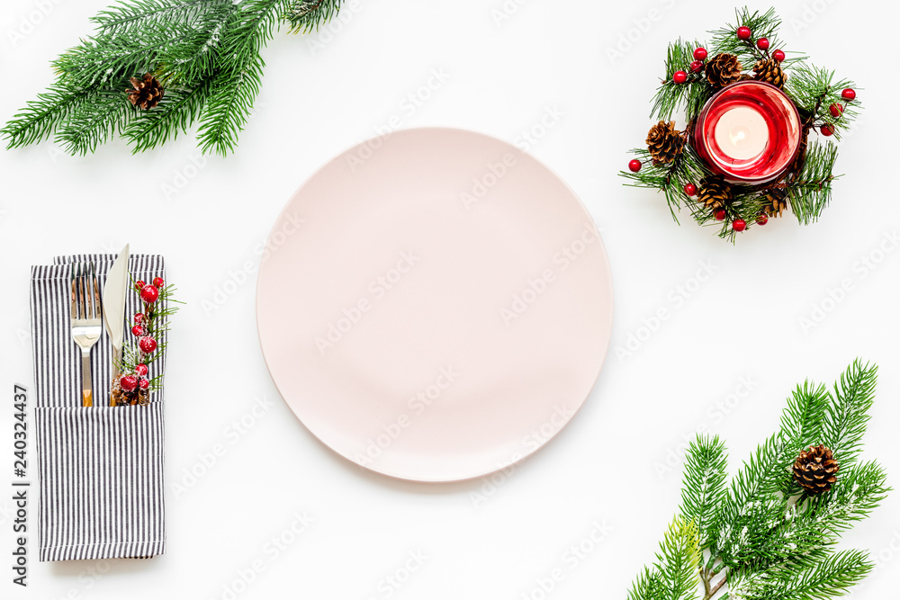 Christmas table setting with gift box and fir tree white background top view mockup Christmas table setting with gift box and fir tree white background top view mockup