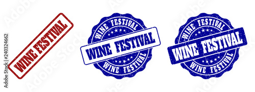WINE FESTIVAL grunge stamp seals in red and blue colors. Vector WINE FESTIVAL marks with grunge effect. Graphic elements are rounded rectangles, rosettes, circles and text tags.